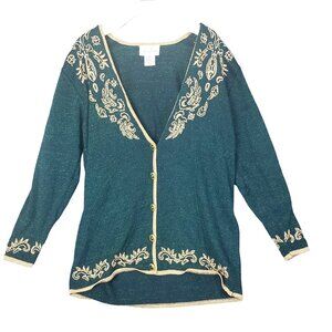 VINTAGE JACLYN SMITH Womens Cardigan Large Gold Green Sparkle Metallic Christmas